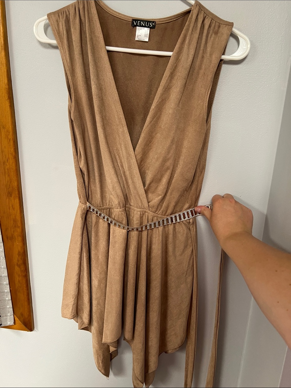 VENUS Tan Faux-Suede Surplice Sleeveless Tunic with Decorative Belt